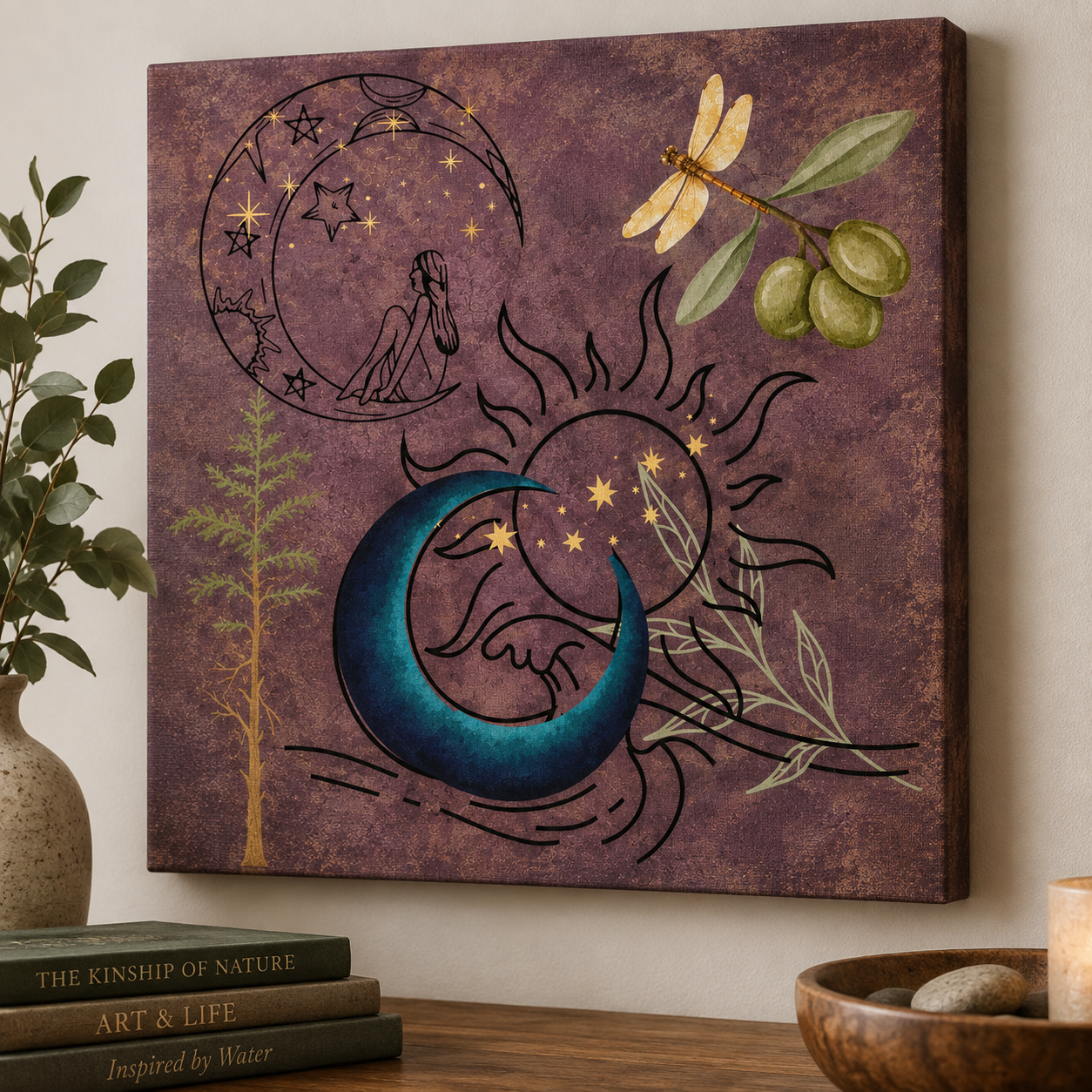 An art print — the Celestial design as a framed canvas on a wall, beside eucalyptus and a stack of books